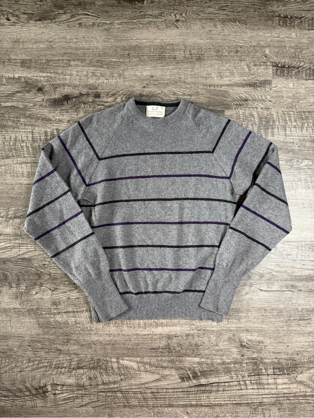 Lord Jeff’s Men’s Virgin Wool Sweater US M Grey Stripped Winter Knit Jumper